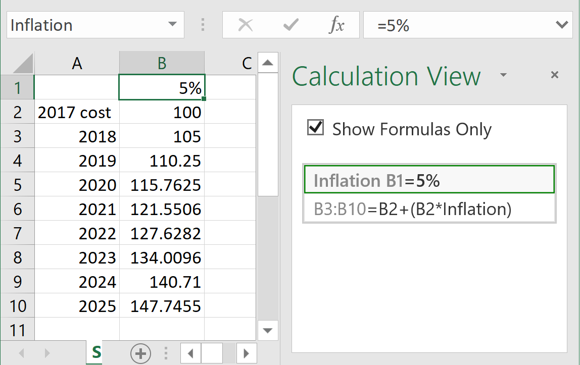 Calculation View lists the formulas in a spreadsheet. It enables abstract operations such as range assignment and cell naming.
