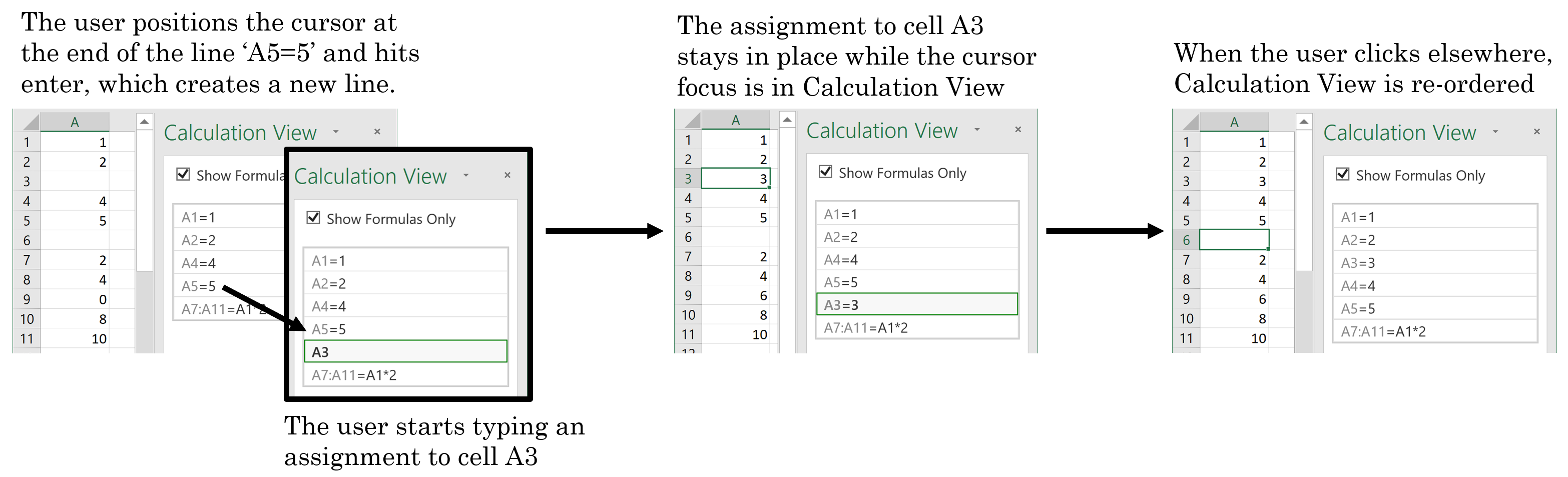 The user can create assignments at any position in CV. When CV loses focus, assignments are re-ordered according to their spatial ordering.