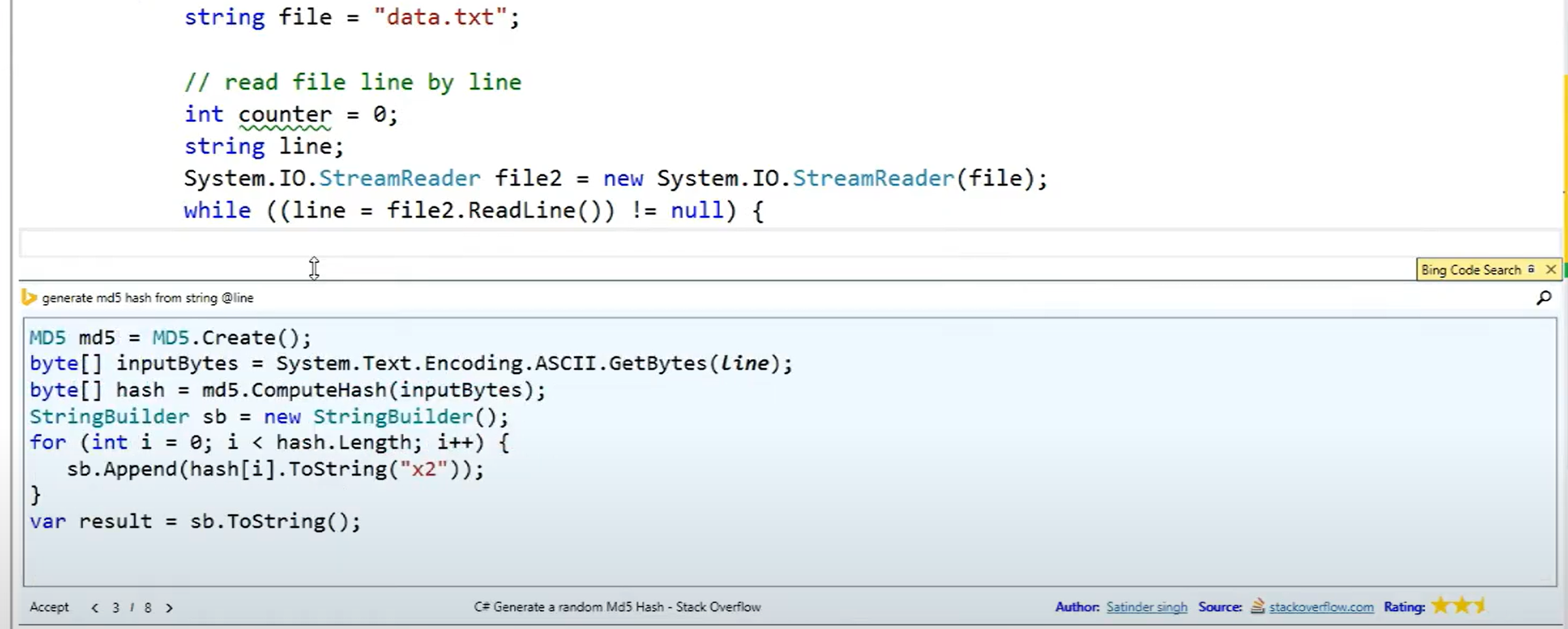 Searching for code snippets using Bing Developer Assistant. A result for
  Stack Overflow is shown. Note how the query “generate md5 hash from string
  @line” contains a hint about the identifier line, which is used to rewrite the retrieved
  snippet. Source: https://www.microsoft.com/en-us/research/publication/
  building-bing-developer-assistant/