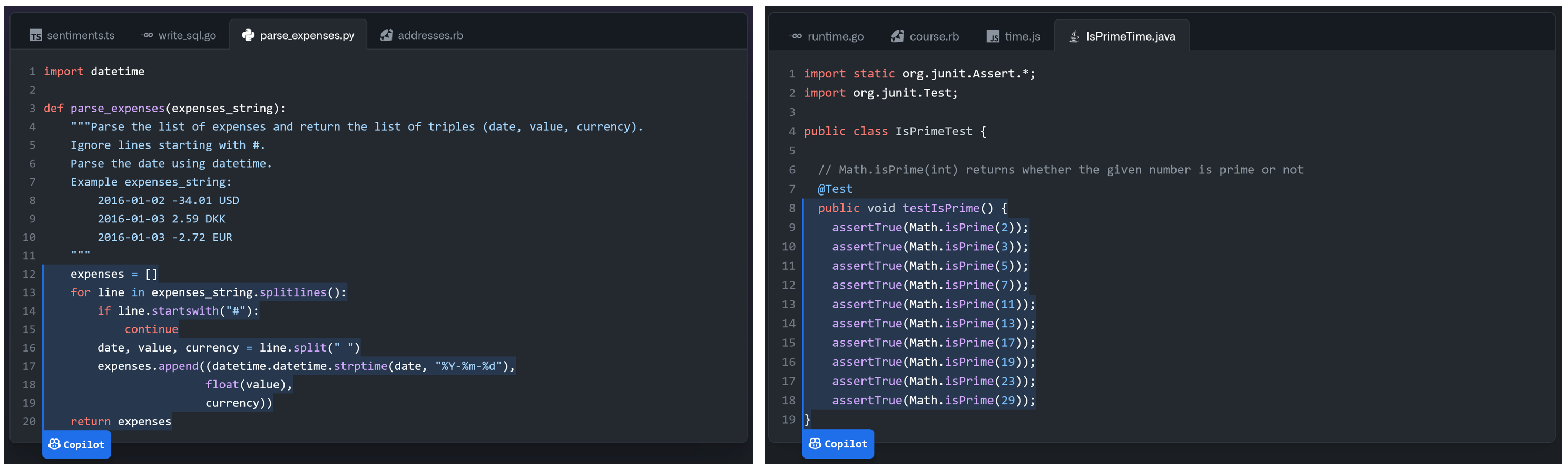 Code generation using the GitHub Copilot editor extension. The portion highlighted in blue has been generated by the model. Left: a function body, generated based on a textual description in a comment. Right: a set of generated test cases. Source: copilot.github.com
