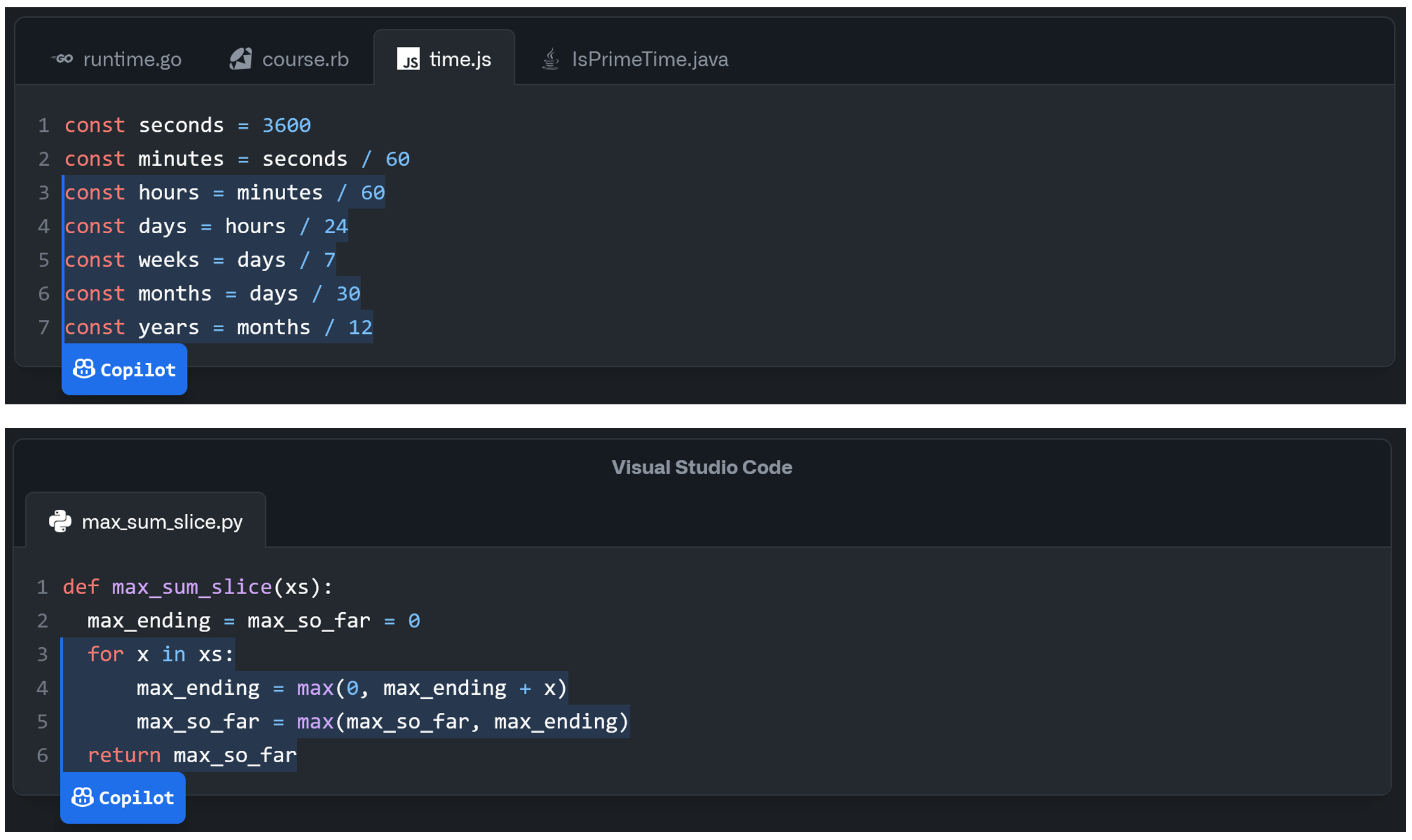 Code generation with GitHub Copilot. The portion highlighted in blue has been generated by the model. Above: a pattern, extrapolated based on two examples. Below: a function body, generated from the signature and the first line. Source: copilot.github.com