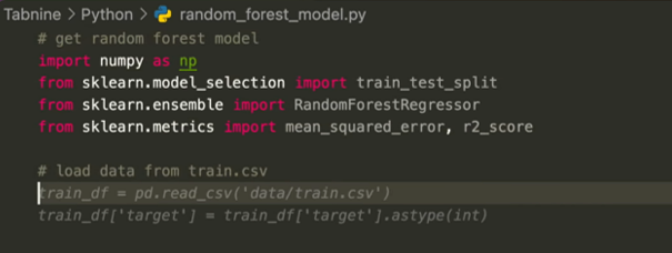 Code generation using the Tabnine editor extension. The grey text after the cursor is being suggested by the model based on the comment on the preceding line. Source: tabnine.com